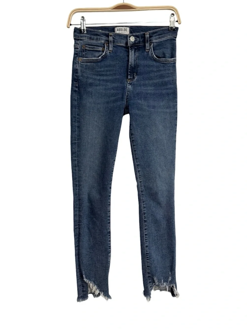 AGOLDE High Rise Skinny Jeans Raw Hem Medium Wash Stretch Denim Size 26